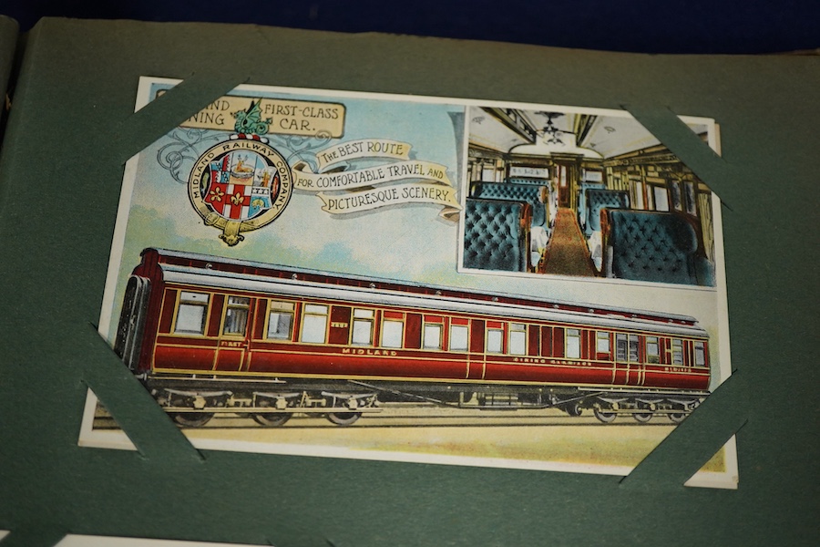 A postcard album containing approximately 160 early to mid 20th century railway related postcards, contained within an Edwardian postcard album, most are unused and unposted, most featuring locomotives and rolling stock,